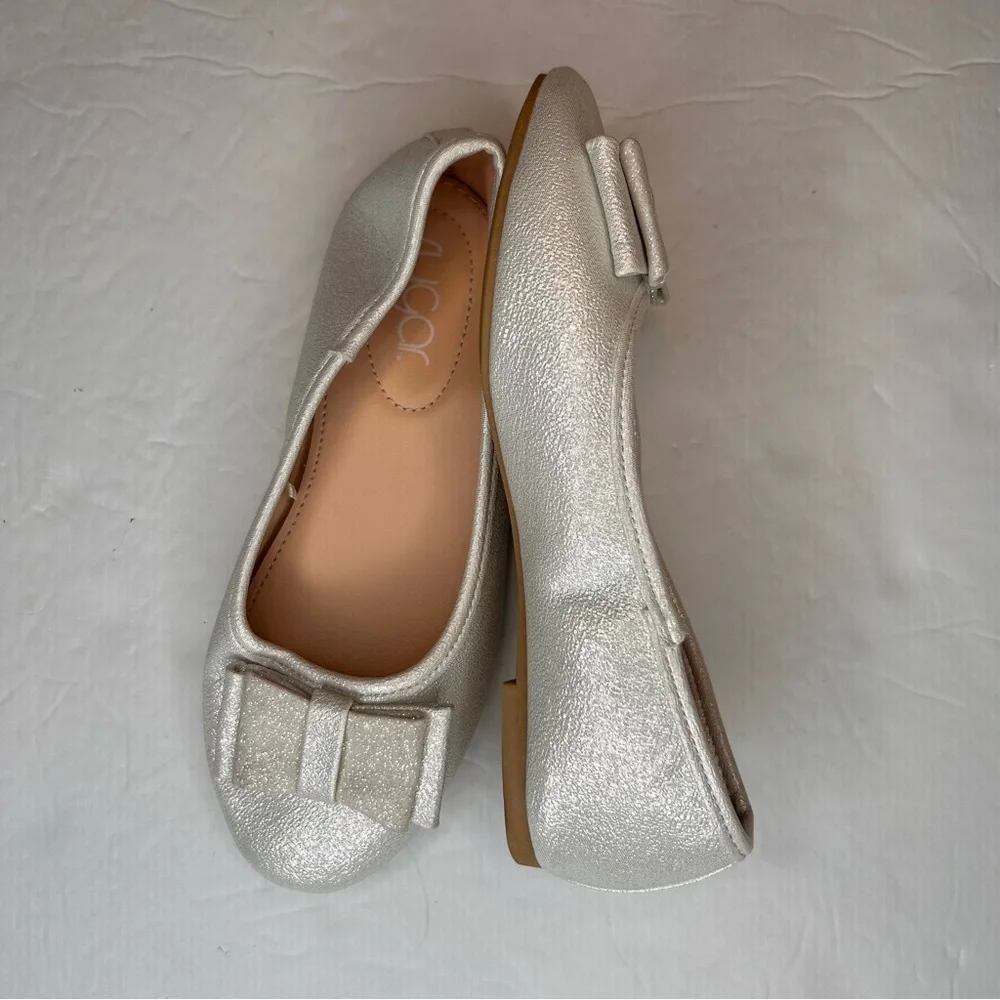Sugar White Dress Shoes Girl’s Silver Simmer Dazzled Elegant Bow Flats Size 13